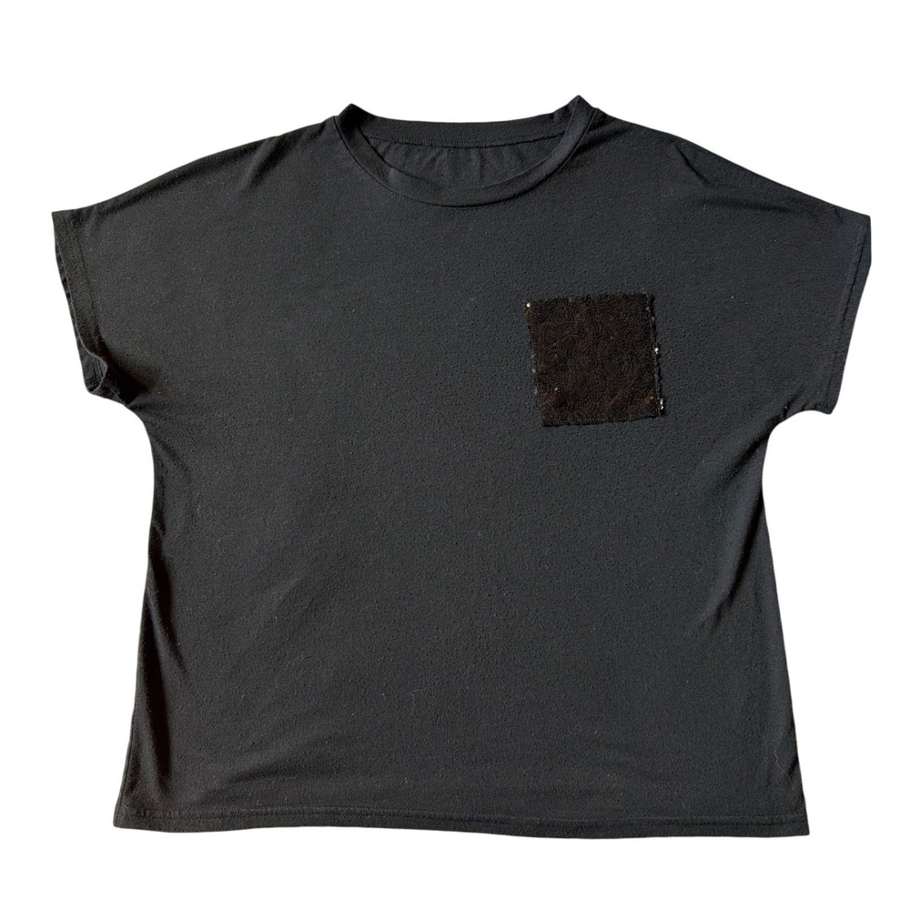 Shein Black Sequin Pocket Short Sleeve Tee Shirt Women Large Crew Neck Stretch